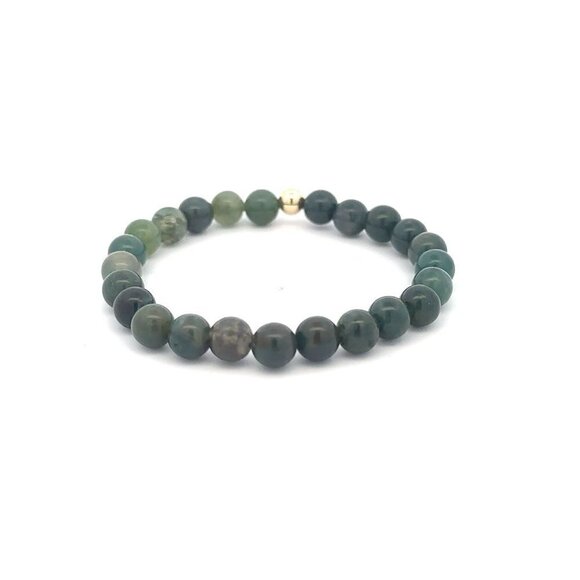 Natural Moss Agate 6mm Stretchable Bracelet 18k Gold Bead Charm - Picture 3 of 5